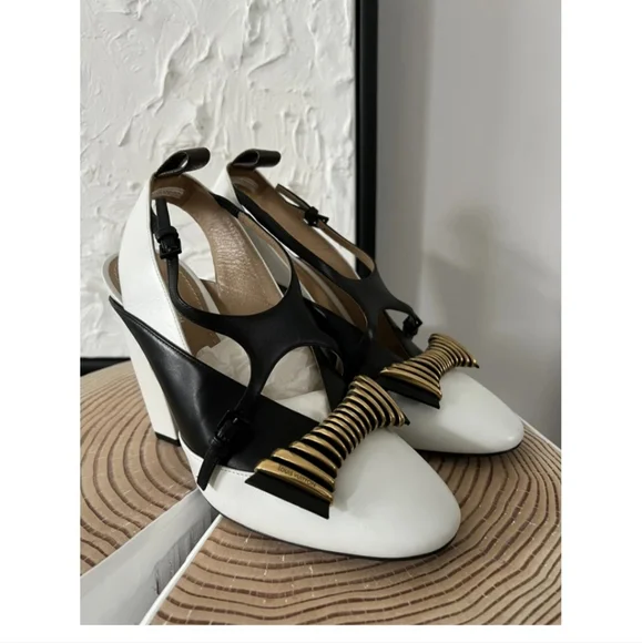 Louis Vuitton Headline White Black Gold Monogram Slingback Pumps Shoes Heels - Picture 1 of 16